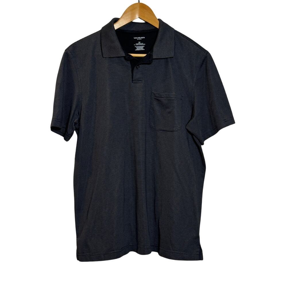 Van Heusen Men's Flex Classic Fit Polo Medium Black/Grey Striped Lightweight